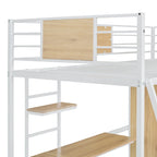 Lit mezzanine blanc une place en métal et bois avec bureau en L, armoire, barrière et échelle