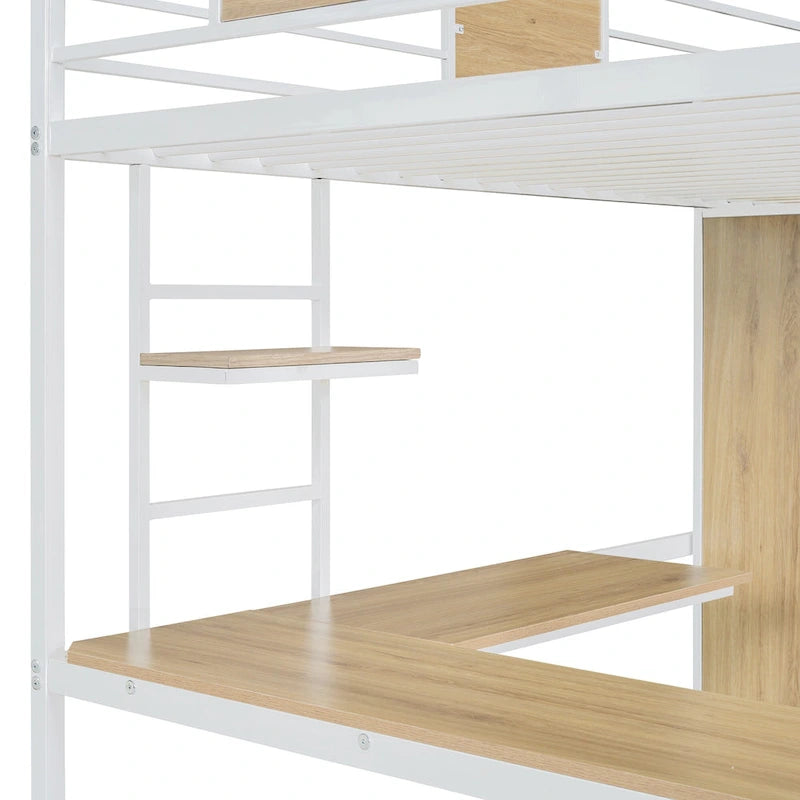 Lit mezzanine blanc une place en métal et bois avec bureau en L, armoire, barrière et échelle