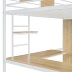 Lit mezzanine blanc une place en métal et bois avec bureau en L, armoire, barrière et échelle