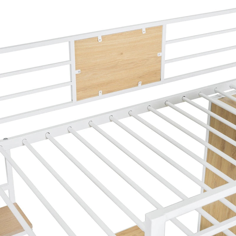 Lit mezzanine blanc une place en métal et bois avec bureau en L, armoire, barrière et échelle