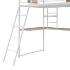 Lit mezzanine blanc une place en métal et bois avec bureau en L, armoire, barrière et échelle
