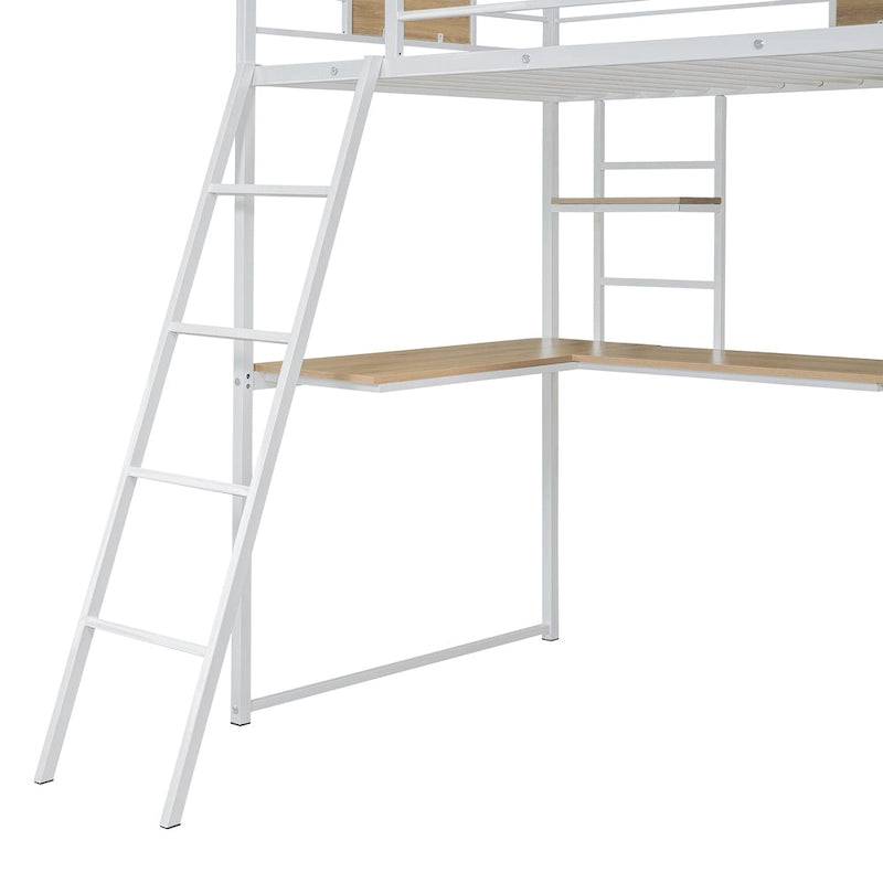 Lit mezzanine blanc une place en métal et bois avec bureau en L, armoire, barrière et échelle