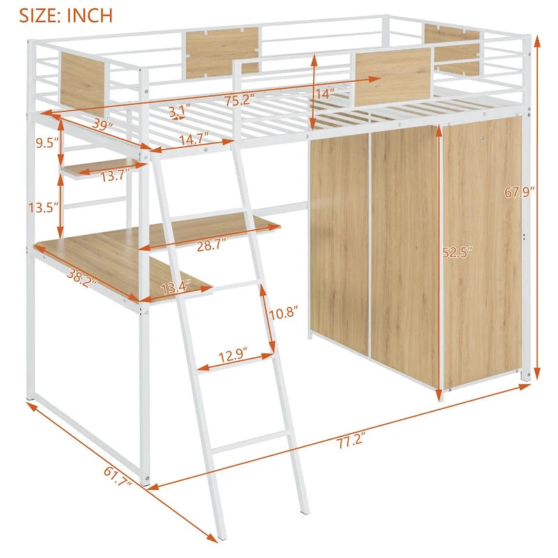 Lit mezzanine blanc une place en métal et bois avec bureau en L, armoire, barrière et échelle