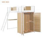 Lit mezzanine blanc une place en métal et bois avec bureau en L, armoire, barrière et échelle