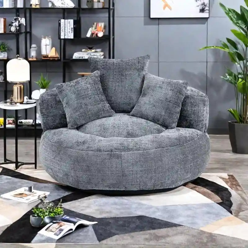 Canapé relax à dossier haut en chenille avec 3 coussins et pouf géant
