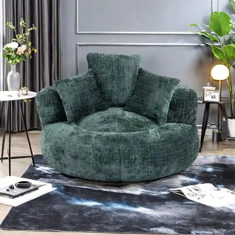 Canapé relax à dossier haut en chenille avec 3 coussins et pouf géant