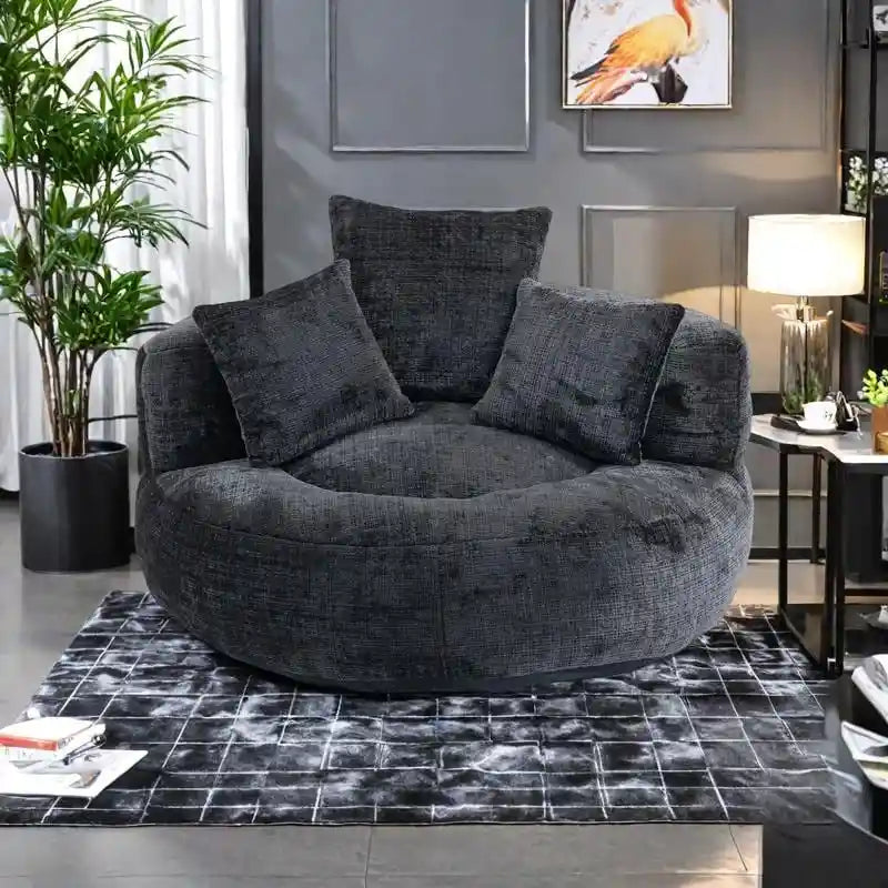 Canapé relax à dossier haut en chenille avec 3 coussins et pouf géant