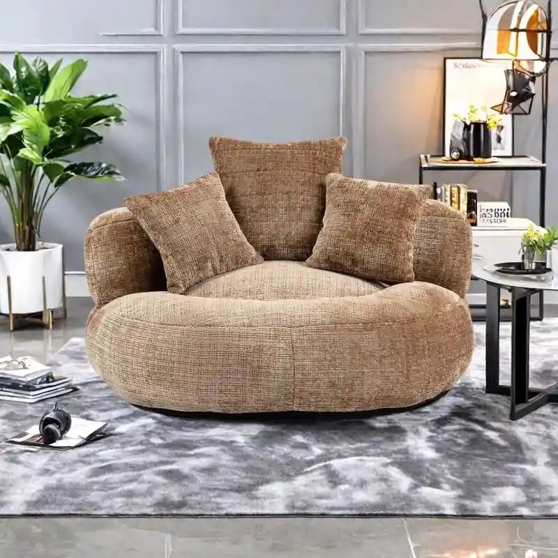 Canapé relax à dossier haut en chenille avec 3 coussins et pouf géant