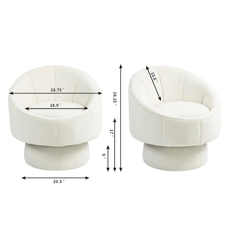 Fauteuil pivotant à 360° moderne de 73 cm (28,75 po) revêtu de velours, avec structure en bois et coussin lombaire
