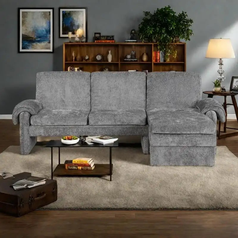 Canapé-lit futon en chenille 94.1, en forme de L, avec dossier réglable et méridienne réversible.