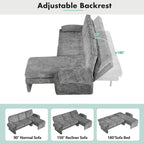 Canapé-lit futon en chenille 94.1, en forme de L, avec dossier réglable et méridienne réversible.