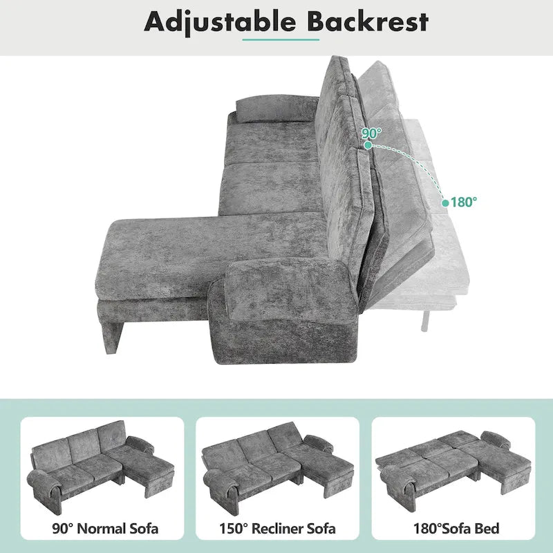 Canapé-lit futon en chenille 94.1, en forme de L, avec dossier réglable et méridienne réversible.