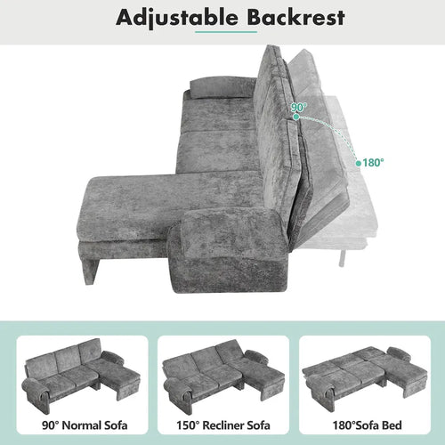 Canapé-lit futon en chenille 94.1, en forme de L, avec dossier réglable et méridienne réversible.