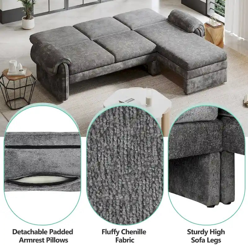 Canapé-lit futon en chenille 94.1, en forme de L, avec dossier réglable et méridienne réversible.
