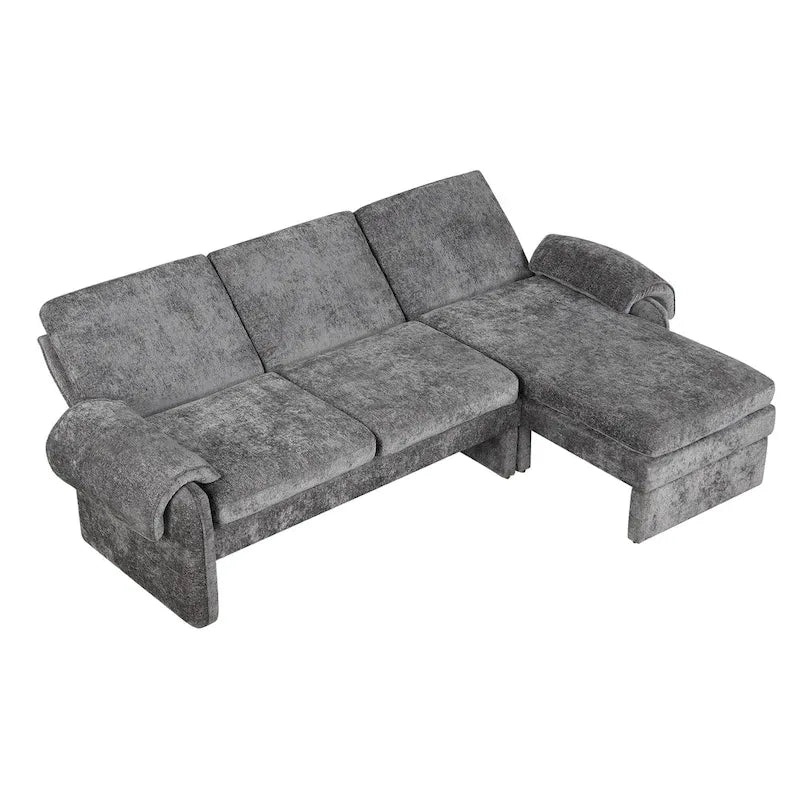 Canapé-lit futon en chenille 94.1, en forme de L, avec dossier réglable et méridienne réversible.