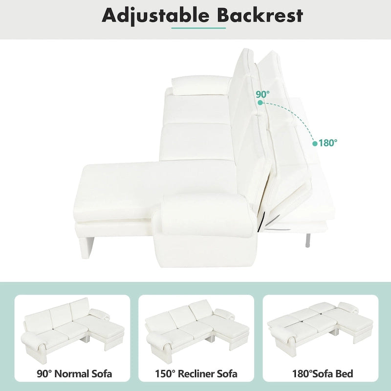 Canapé-lit futon en chenille 94.1, en forme de L, avec dossier réglable et méridienne réversible.