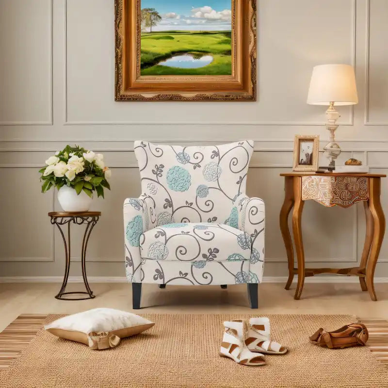 Fauteuil rembourré moderne rétro à dossier haut de 77 cm avec pieds en bois pour salon