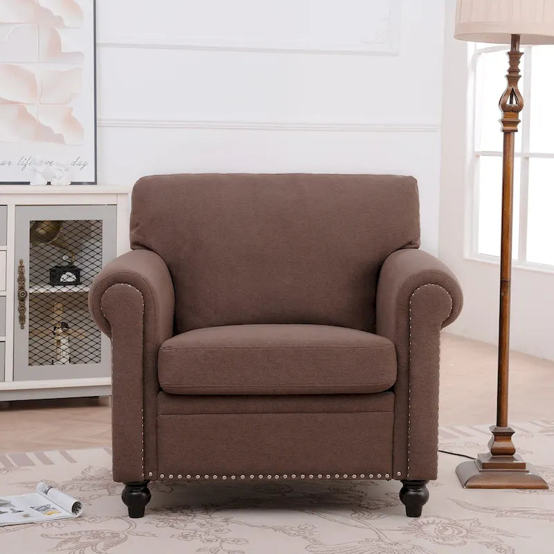 Fauteuil d'appoint moderne marron 37,4 cm, capitonné, avec structure en bois massif et clous décoratifs, pour salon