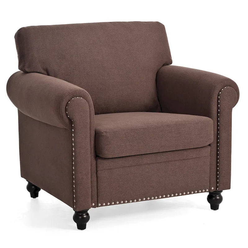 Fauteuil d'appoint moderne marron 37,4 cm, capitonné, avec structure en bois massif et clous décoratifs, pour salon
