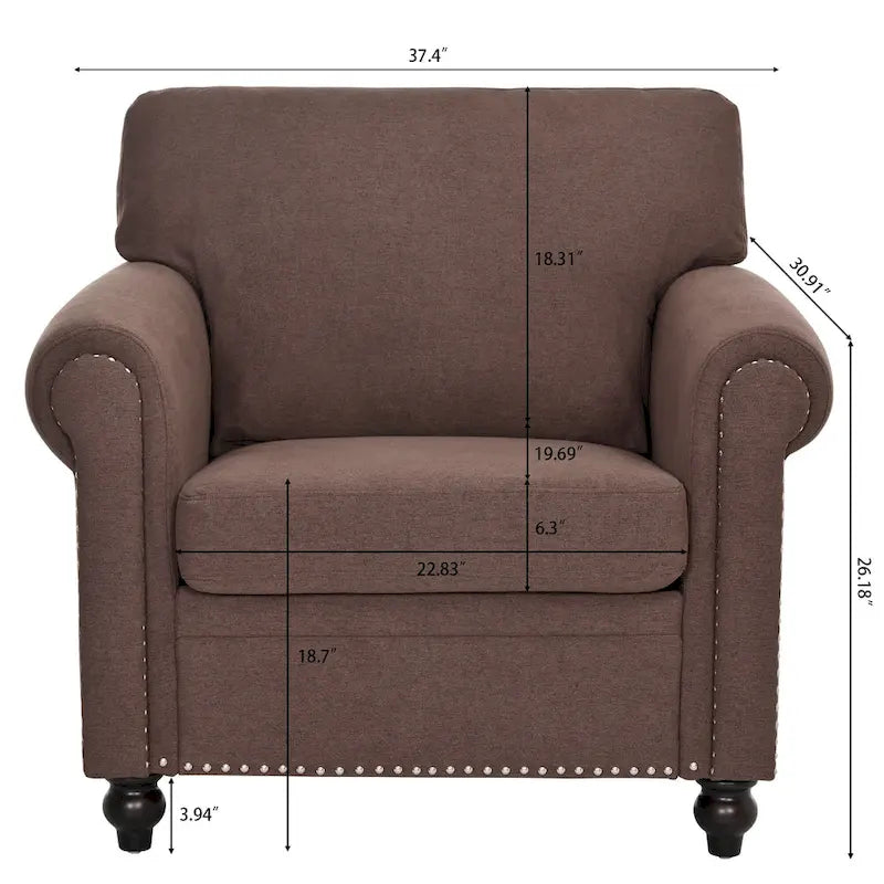 Fauteuil d'appoint moderne marron 37,4 cm, capitonné, avec structure en bois massif et clous décoratifs, pour salon