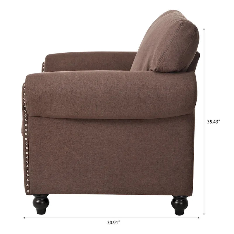 Fauteuil d'appoint moderne marron 37,4 cm, capitonné, avec structure en bois massif et clous décoratifs, pour salon