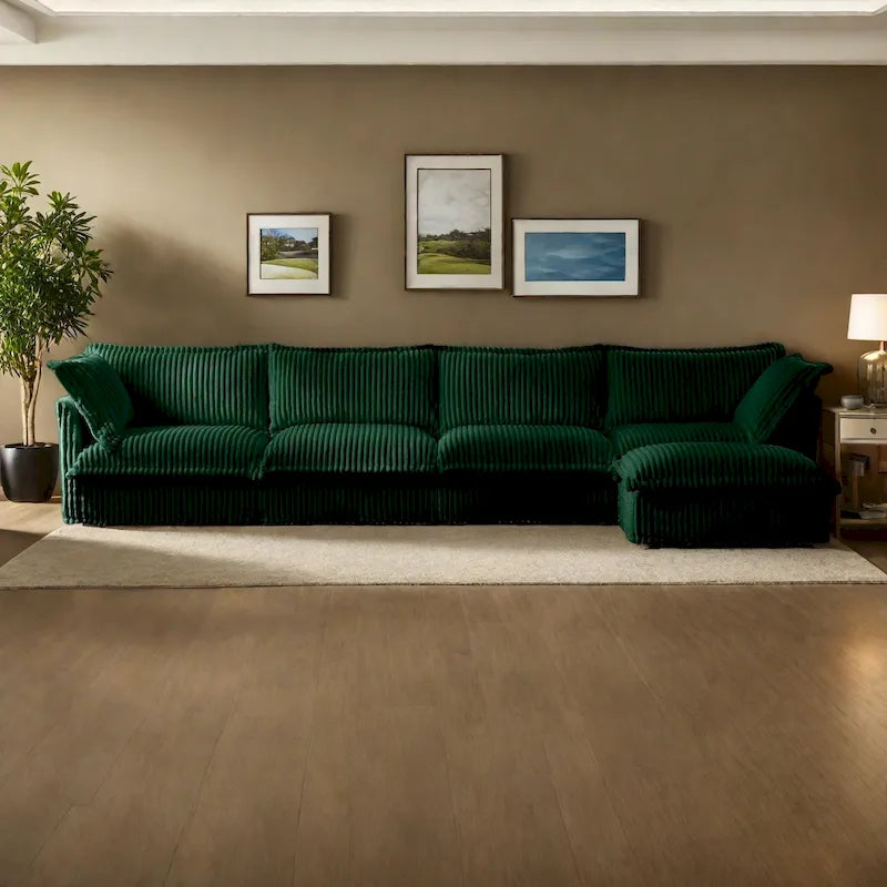 Canapé d'angle en L recouvert de velours côtelé, avec assises profondes, canapé 4 places avec accoudoirs souples et 2 grands coussins