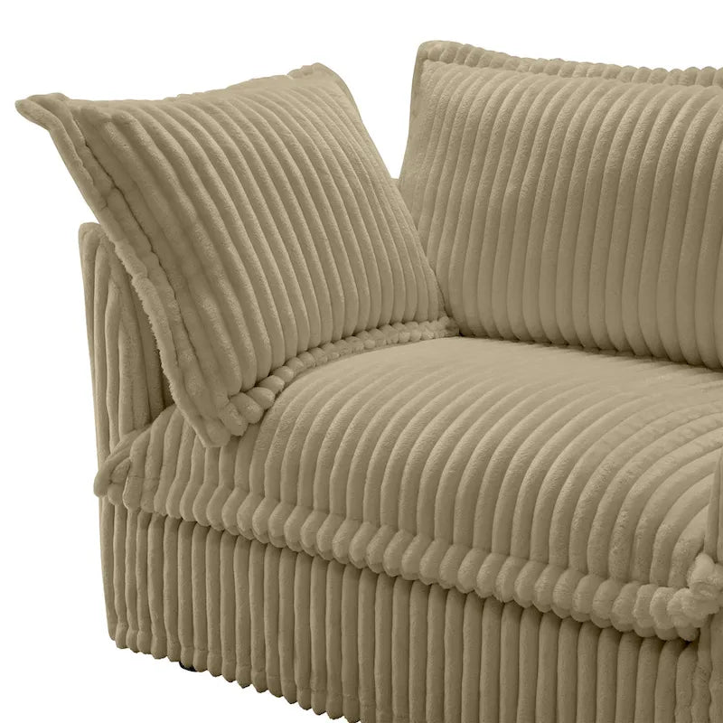 Canapé d'angle en L recouvert de velours côtelé, avec assises profondes, canapé 4 places avec accoudoirs souples et 2 grands coussins