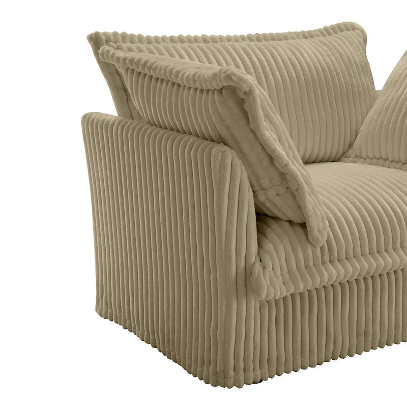 Canapé d'angle en L recouvert de velours côtelé, avec assises profondes, canapé 4 places avec accoudoirs souples et 2 grands coussins