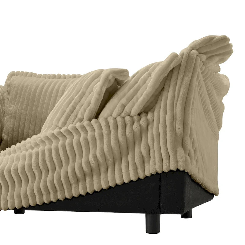 Canapé d'angle en L recouvert de velours côtelé, avec assises profondes, canapé 4 places avec accoudoirs souples et 2 grands coussins