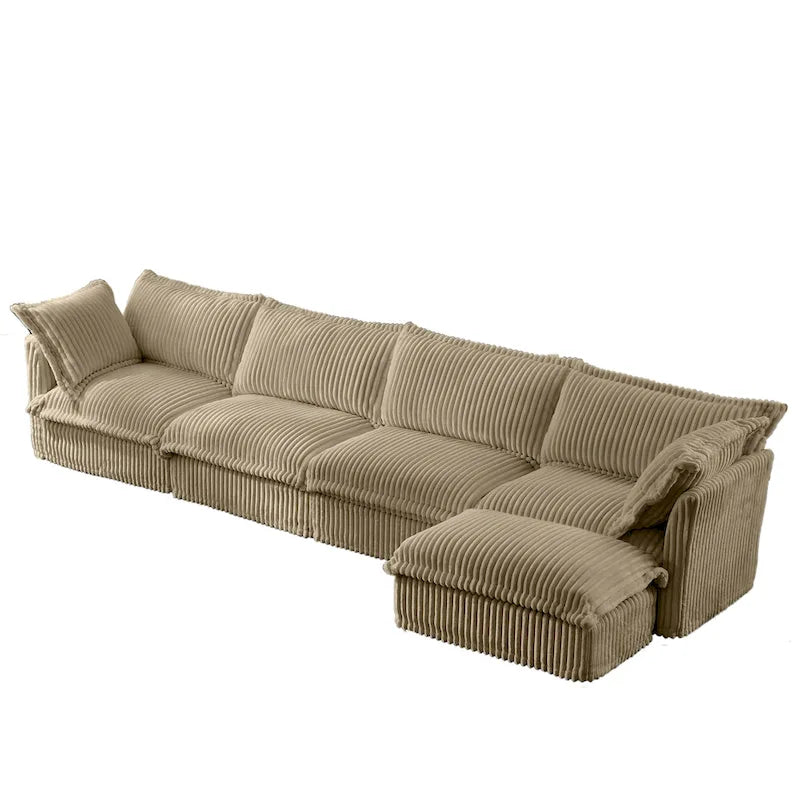 Canapé d'angle en L recouvert de velours côtelé, avec assises profondes, canapé 4 places avec accoudoirs souples et 2 grands coussins