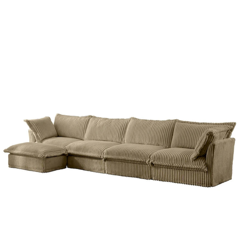 Canapé d'angle en L recouvert de velours côtelé, avec assises profondes, canapé 4 places avec accoudoirs souples et 2 grands coussins