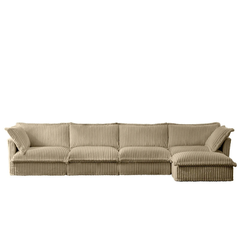 Canapé d'angle en L recouvert de velours côtelé, avec assises profondes, canapé 4 places avec accoudoirs souples et 2 grands coussins