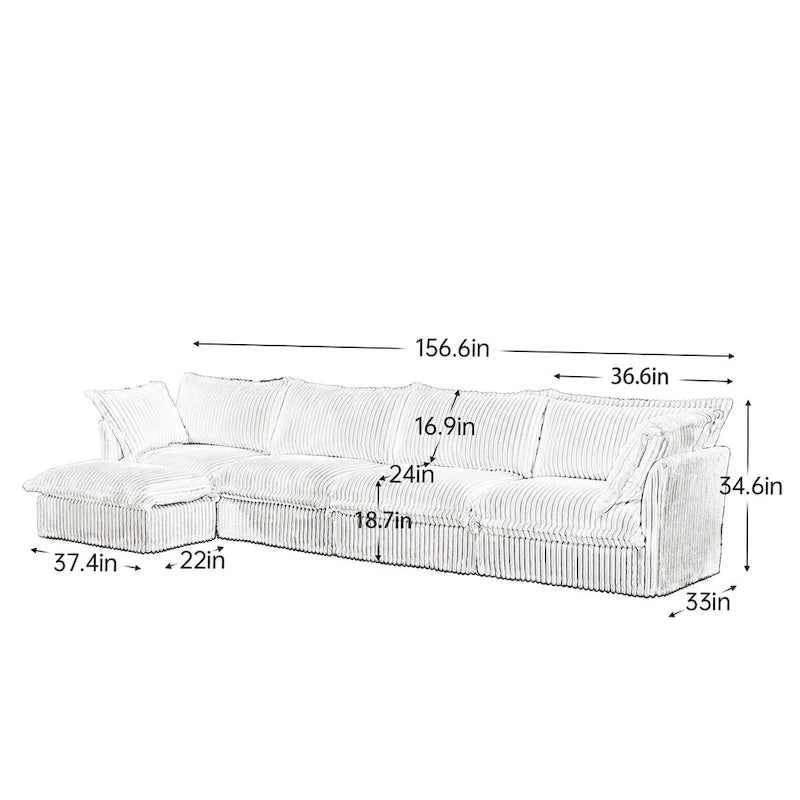 Canapé d'angle en L recouvert de velours côtelé, avec assises profondes, canapé 4 places avec accoudoirs souples et 2 grands coussins