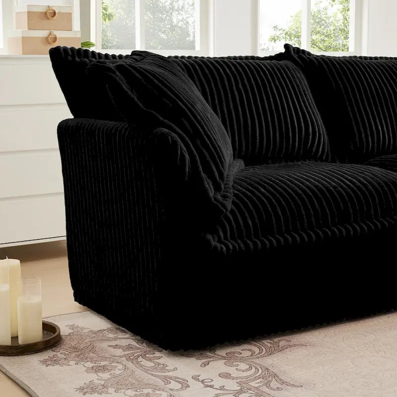 Canapé d'angle en L recouvert de velours côtelé, avec assises profondes, canapé 4 places avec accoudoirs souples et 2 grands coussins