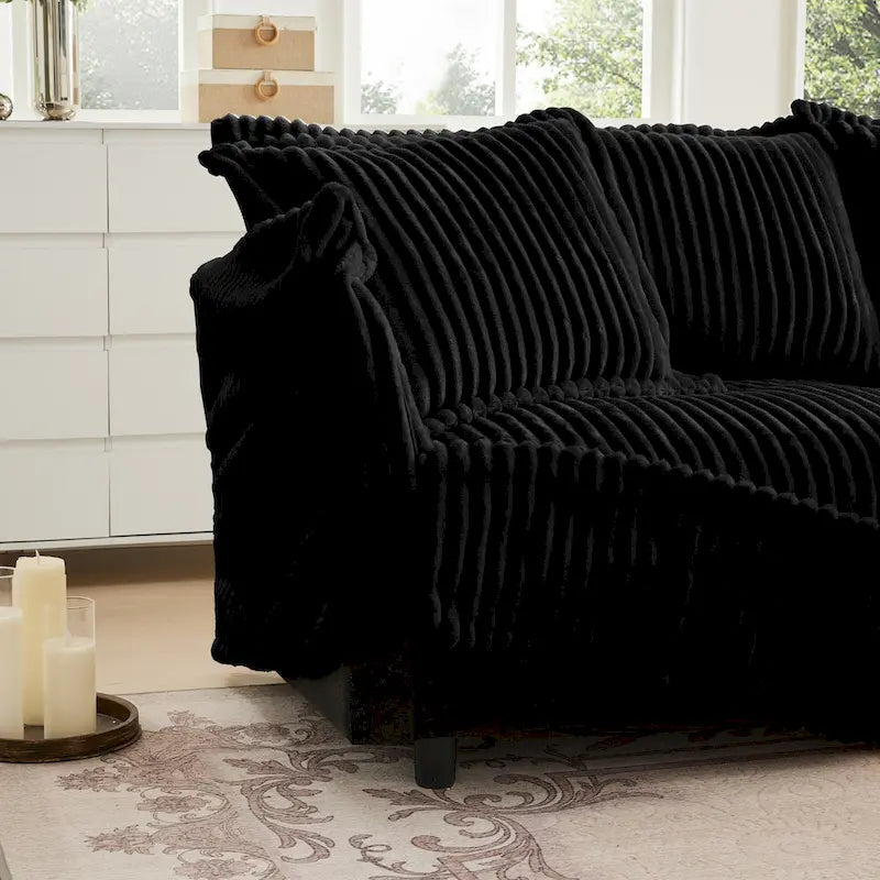 Canapé d'angle en L recouvert de velours côtelé, avec assises profondes, canapé 4 places avec accoudoirs souples et 2 grands coussins