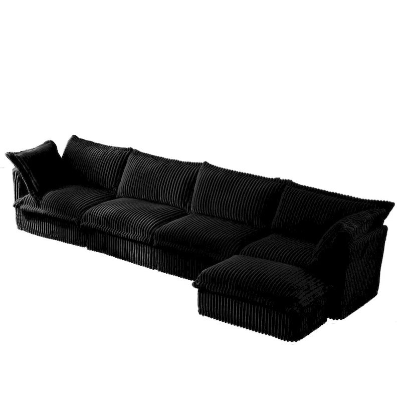 Canapé d'angle en L recouvert de velours côtelé, avec assises profondes, canapé 4 places avec accoudoirs souples et 2 grands coussins