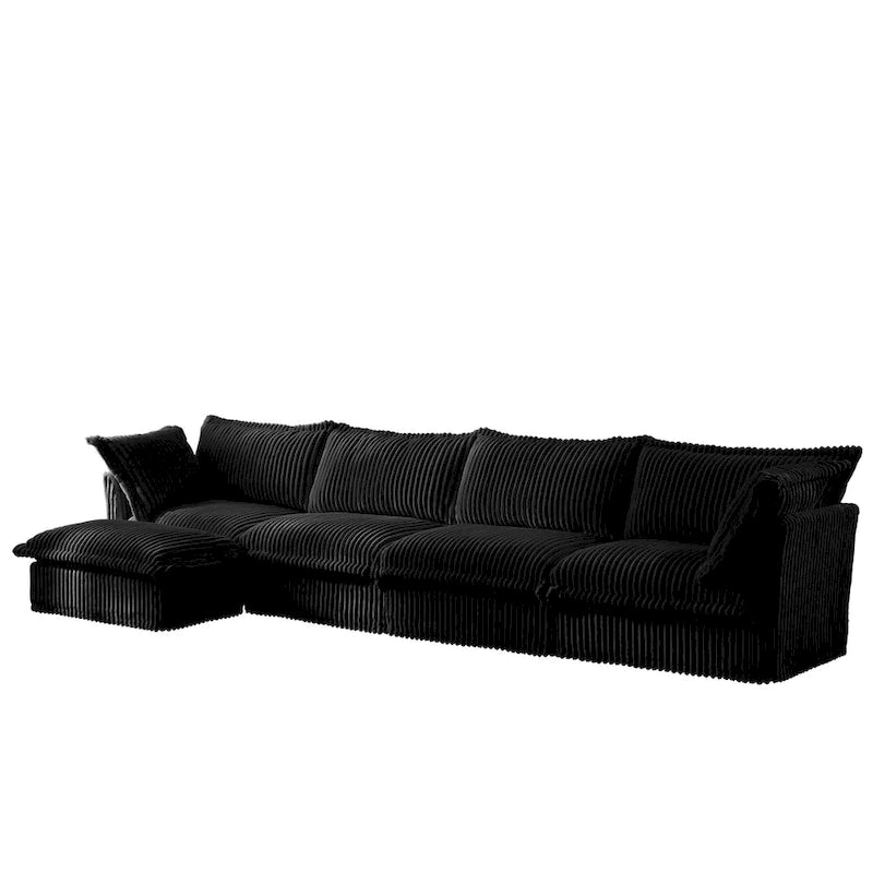 Canapé d'angle en L recouvert de velours côtelé, avec assises profondes, canapé 4 places avec accoudoirs souples et 2 grands coussins