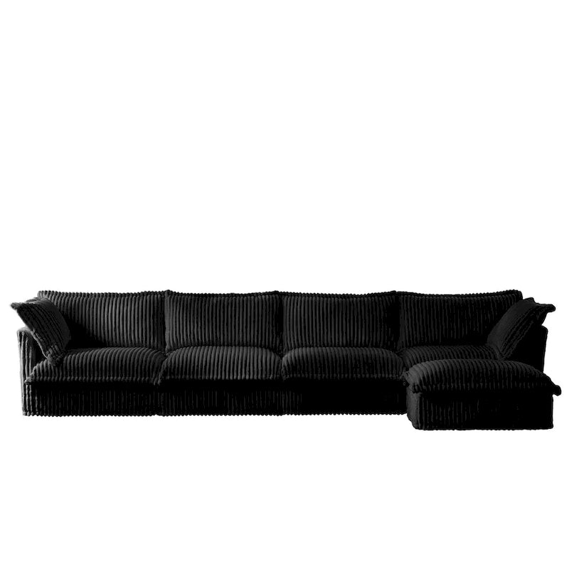 Canapé d'angle en L recouvert de velours côtelé, avec assises profondes, canapé 4 places avec accoudoirs souples et 2 grands coussins