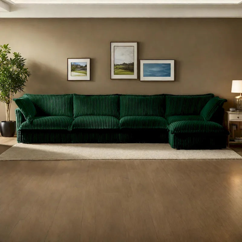 Canapé d'angle en L recouvert de velours côtelé, avec assises profondes, canapé 4 places avec accoudoirs souples et 2 grands coussins