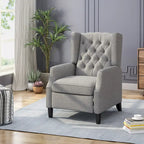 Fauteuil inclinable à oreilles de style mid-century, revêtu de tissu gris, avec repose-pieds et dossier capitonné.