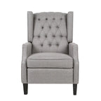 Fauteuil inclinable à oreilles de style mid-century, revêtu de tissu gris, avec repose-pieds et dossier capitonné.