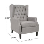 Fauteuil inclinable à oreilles de style mid-century, revêtu de tissu gris, avec repose-pieds et dossier capitonné.