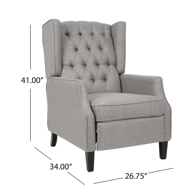 Fauteuil inclinable à oreilles de style mid-century, revêtu de tissu gris, avec repose-pieds et dossier capitonné.