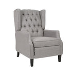 Fauteuil inclinable à oreilles de style mid-century, revêtu de tissu gris, avec repose-pieds et dossier capitonné.