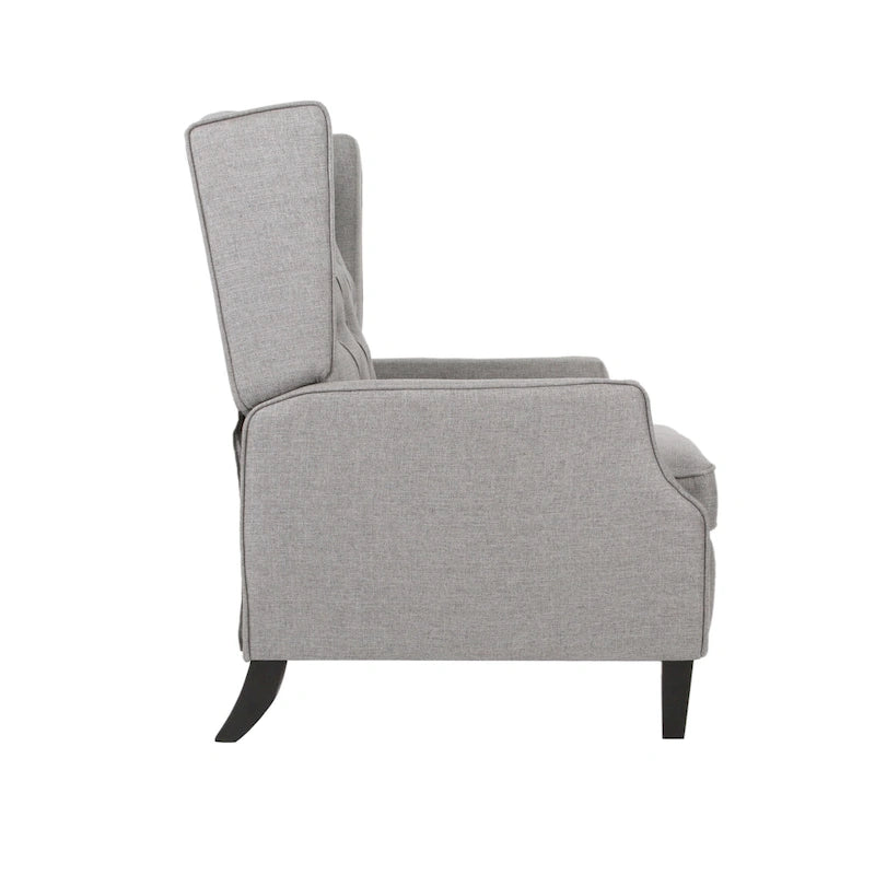 Fauteuil inclinable à oreilles de style mid-century, revêtu de tissu gris, avec repose-pieds et dossier capitonné.