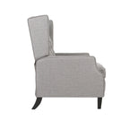 Fauteuil inclinable à oreilles de style mid-century, revêtu de tissu gris, avec repose-pieds et dossier capitonné.
