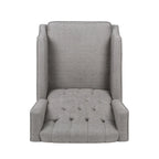 Fauteuil inclinable à oreilles de style mid-century, revêtu de tissu gris, avec repose-pieds et dossier capitonné.