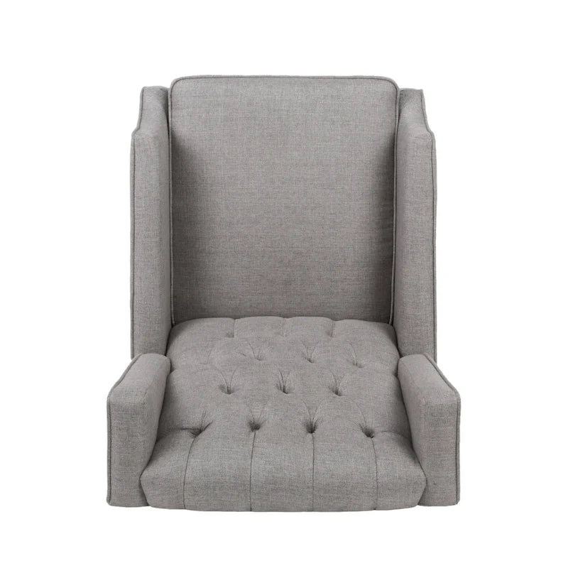 Fauteuil inclinable à oreilles de style mid-century, revêtu de tissu gris, avec repose-pieds et dossier capitonné.