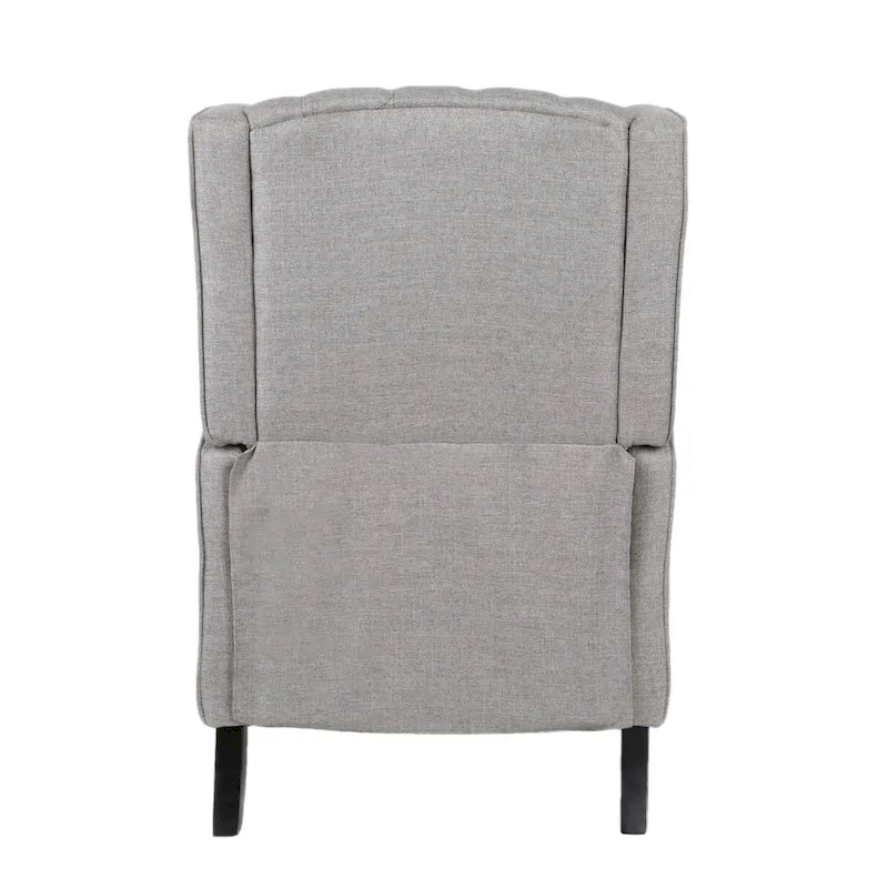 Fauteuil inclinable à oreilles de style mid-century, revêtu de tissu gris, avec repose-pieds et dossier capitonné.