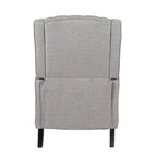 Fauteuil inclinable à oreilles de style mid-century, revêtu de tissu gris, avec repose-pieds et dossier capitonné.